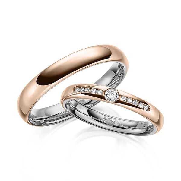 Paar Trauringe / Eheringe Innen Graugold dunkel 375/- , außen Rotgold 375/- zus. 0,160 ct, tw, si - RU-1645-16