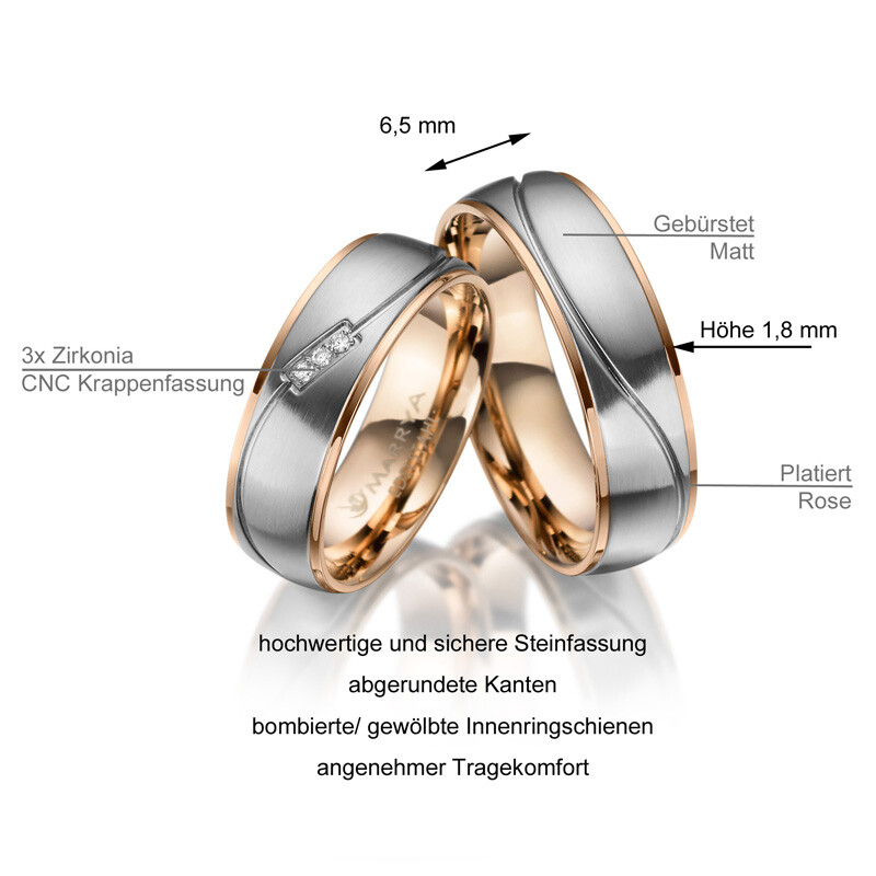 Trauringe Partnerringe Edelstahl Rotgoldplattierung Zirkonia Marrya ES-21 - Info