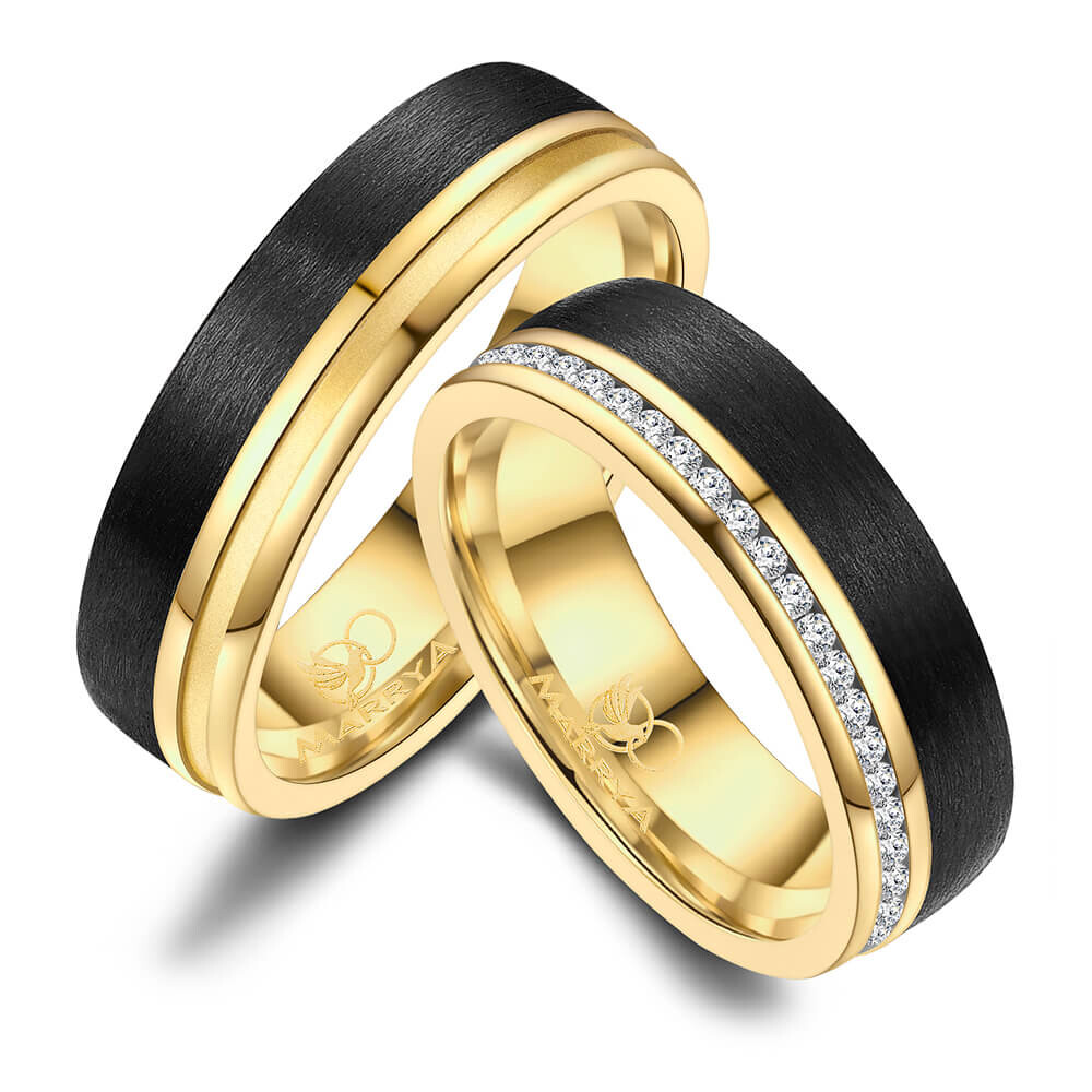 Trauringe Partnerringe Edelstahl vergoldet Carbon Zirkonia Marrya CA-02