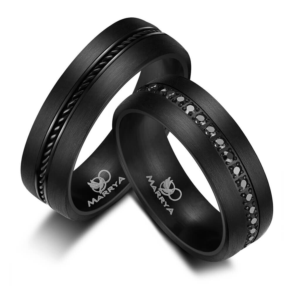 Trauringe Partnerringe Edelstahl Carbon schwarz Zirkonia Marrya CA-01