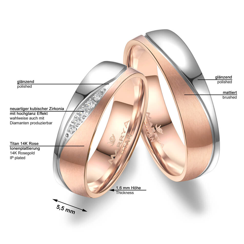 Trauringe Partnerringe Titan Roségold plattiert Marrya TI-38