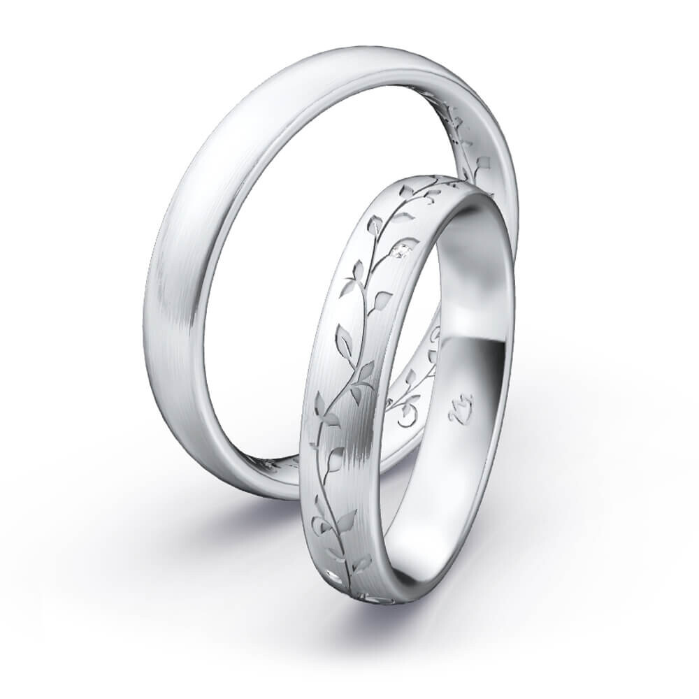 Trauringe / Partnerringe Floral Silber 925 Strichmatt Brillant 0,020 ct.