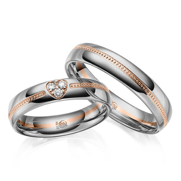 Paar Trauringe / Eheringe Platin 600/- Rotgold 585/- zus. 0,075 ct, tw, si - RU-1646-12