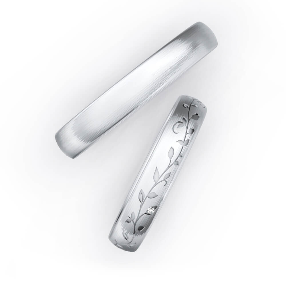 Trauringe / Partnerringe Floral Silber 925 Strichmatt Brillant 0,020 ct.