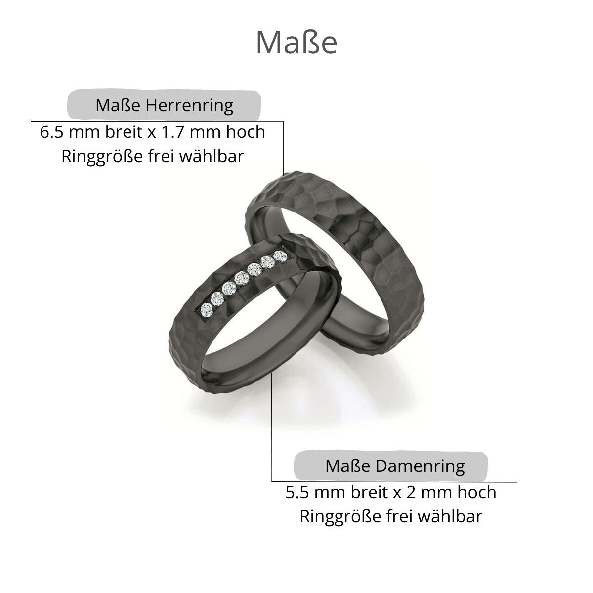 Schwarze Eheringe Zirkonium Hammerschlag Ruesch 14/30030 & 14/30040