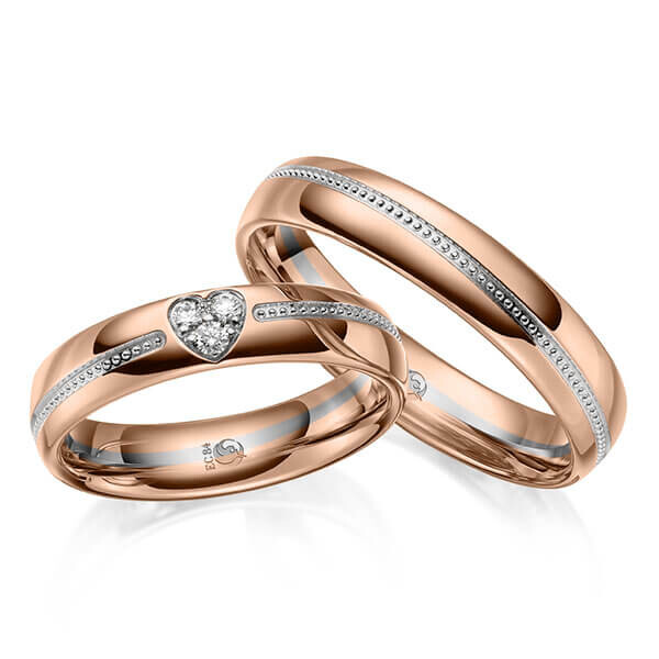 Paar Trauringe / Eheringe Rotgold 585/- Graugold 585/- zus. 0,075 ct, tw, si - RU-1646-7
