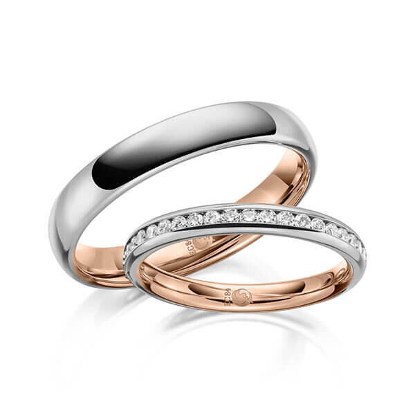 Paar Trauringe / Eheringe Innen Rotgold 585/- , außen Graugold 585/- zus. 0,285 ct, tw, si - RU-1643-10
