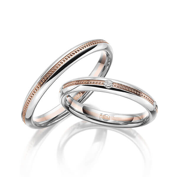 Paar Trauringe / Eheringe Palladium 950/- Rotgold 585/- zus. 0,100 ct, tw, si - RU-1620-1