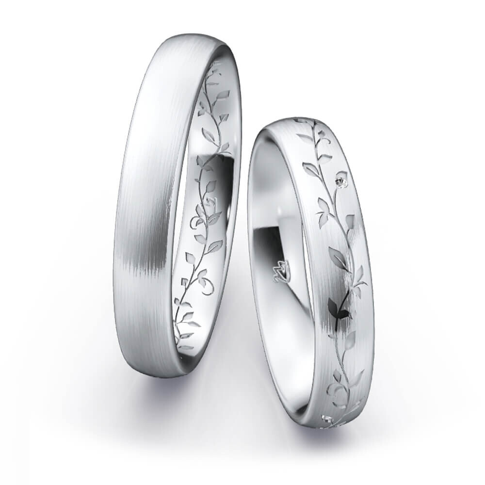 Trauringe / Partnerringe Floral Silber 925 Strichmatt Brillant 0,020 ct.