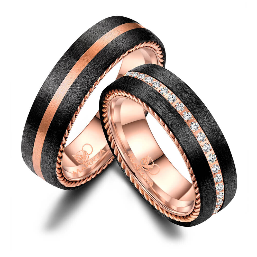 Trauringe Partnerringe Edelstahl rosé vergoldet Carbon Marrya CA-03