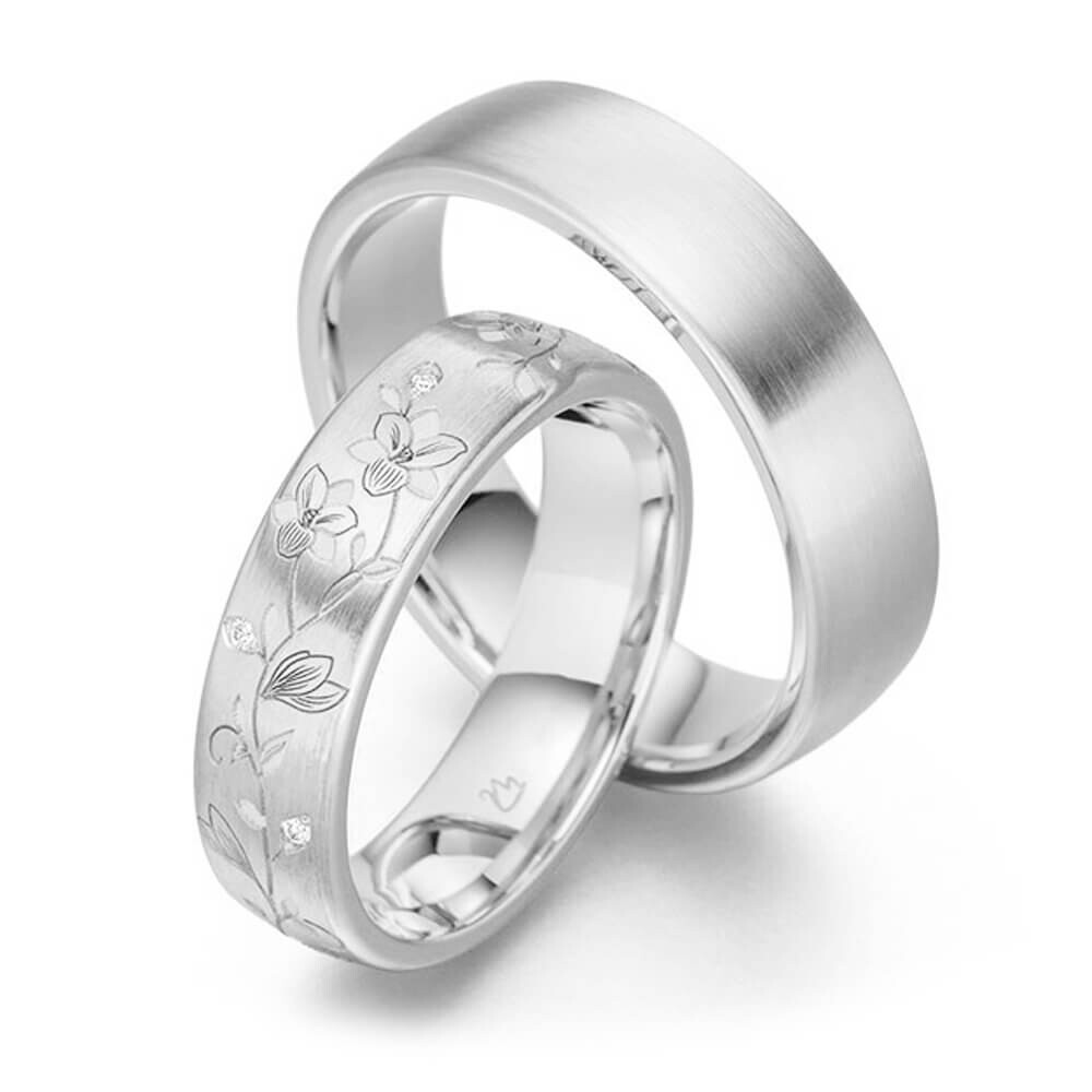 Trauringe / Partnerringe Floral Silber 925 Strichmatt Brillant 0,035 ct.