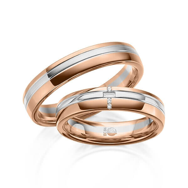 Paar Trauringe / Eheringe Rotgold 585/- Palladium 585/- zus. 0,065 ct, tw, si & tw, vs - RU-1614-15