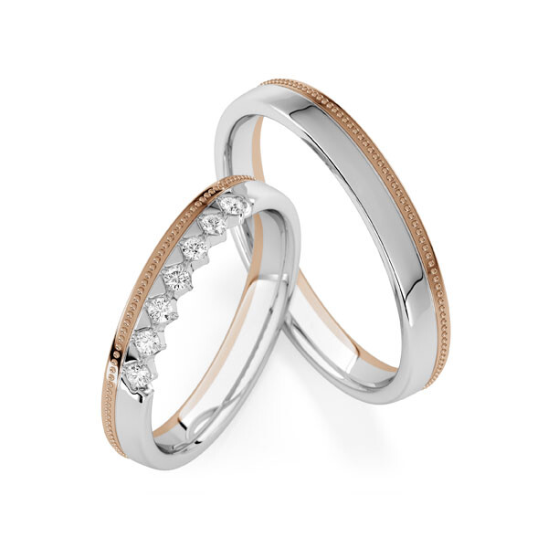 Paar Trauringe / Eheringe Peach-Gold 585/- Palladium 950/- zus. 0,140 ct, tw, si - RU-1840-1