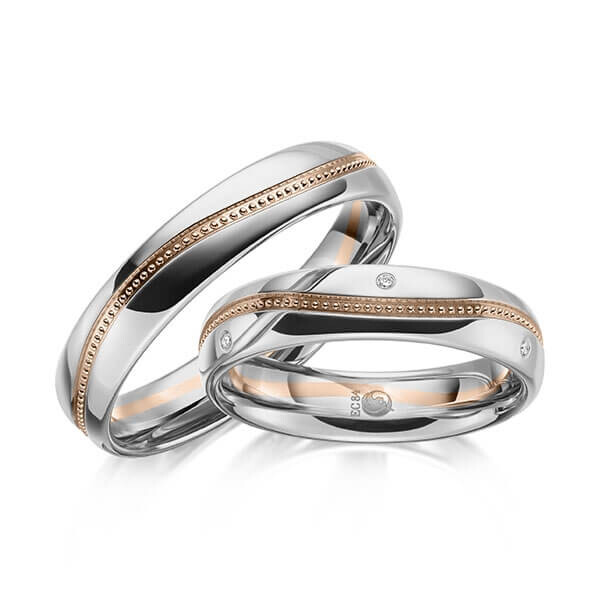 Paar Trauringe / Eheringe Palladium 585/- Rotgold 585/- zus. 0,030 ct, tw, si - RU-1627-22