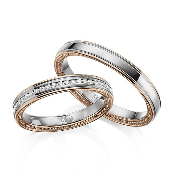 Paar Trauringe / Eheringe Rotgold 585/- Palladium 585/- zus. 0,192 ct, tw, si - RU-1621-18