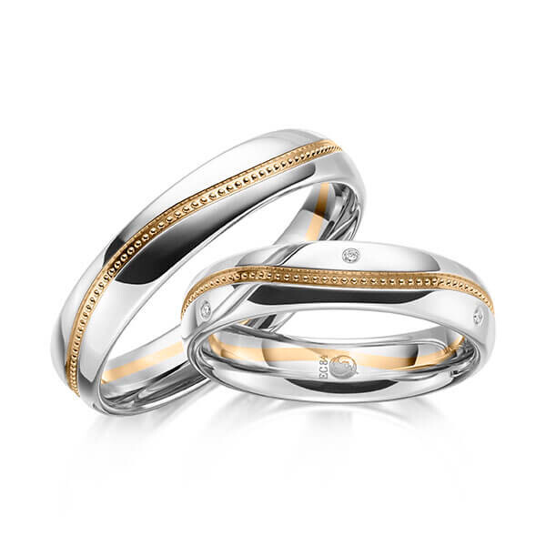 Paar Trauringe / Eheringe Palladium 950/- Roségold 585/- zus. 0,030 ct, tw, si - RU-1627-16