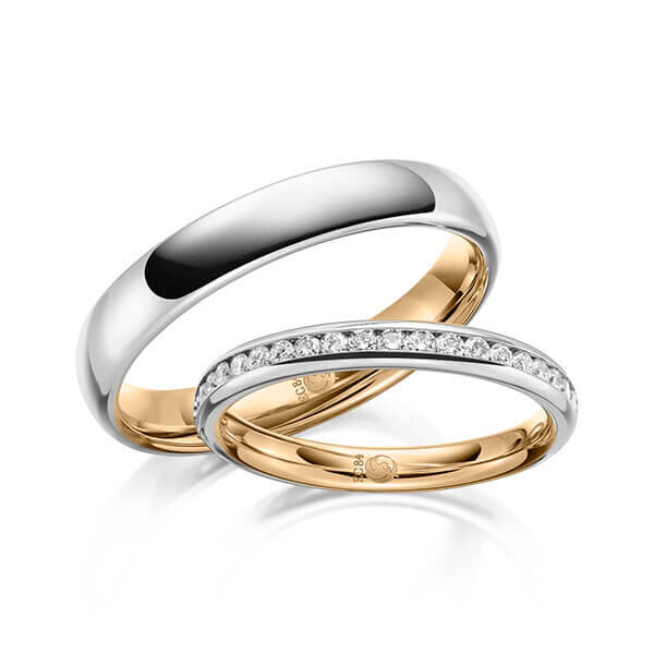 Paar Trauringe / Eheringe Innen Roségold 375/- , außen Weißgold 375/- zus. 0,285 ct, tw, si - RU-1643-13