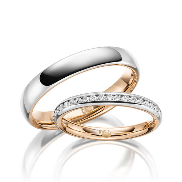 Paar Trauringe / Eheringe Innen Rotgold 333/- , außen Weißgold 333/- zus. 0,285 ct, tw, si - RU-1643-1