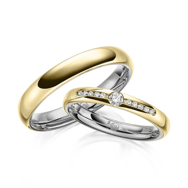 Paar Trauringe / Eheringe Innen Palladium 585/- , außen Gelbgold 585/- zus. 0,160 ct, tw, si - RU-1645-18