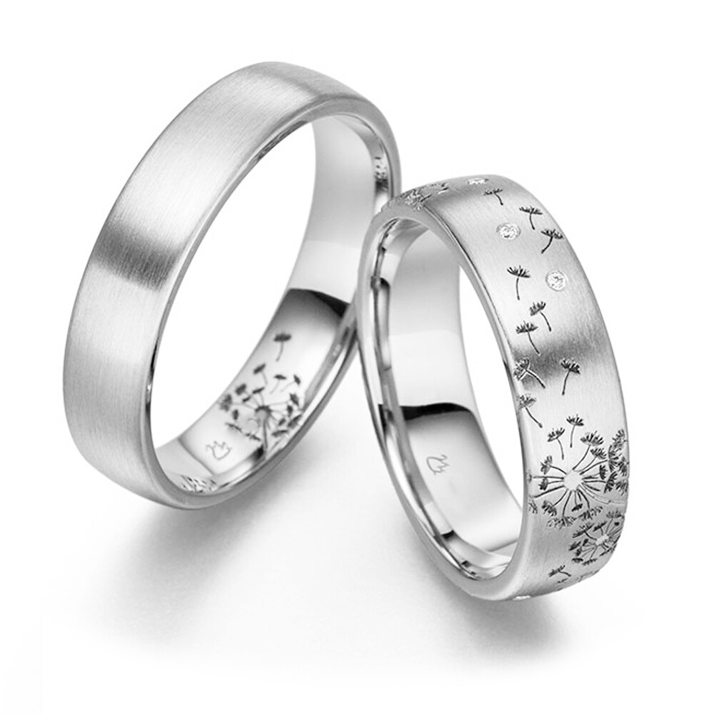 Trauringe / Partnerringe Pusteblume Silber 925 Strichmatt Brillant 0,045 ct.