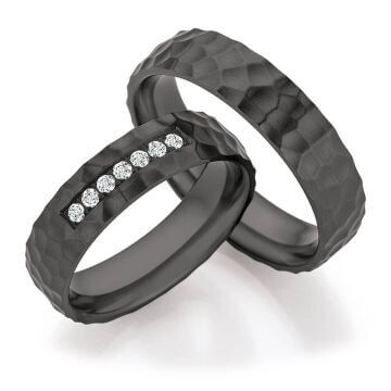 Schwarze Eheringe Zirkonium Hammerschlag Ruesch 14/30030 & 14/30040